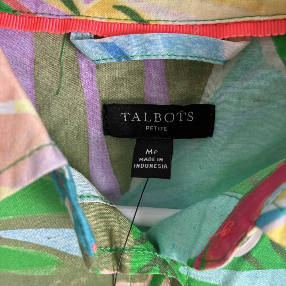 NWT Talbots Tropical Colorful Cotton Button Up Long Sleeve Shirt Medium Petite - Picture 4 of 6